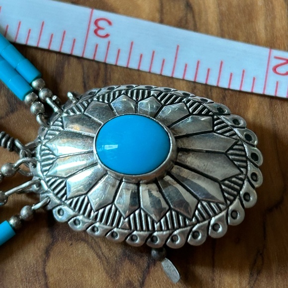 Sterling Turquoise Concho Earrings with Fringe and Feather - Picture 4 of 6